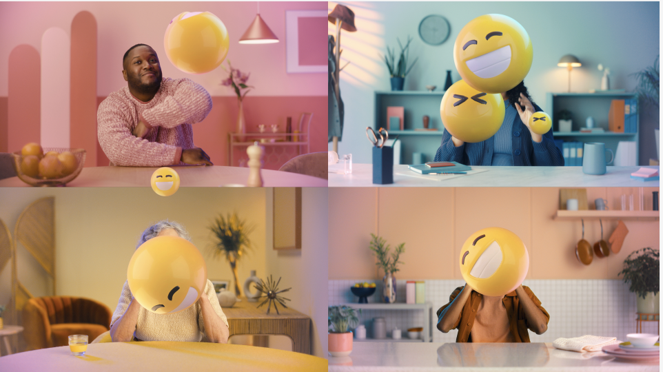 A grid image of 4 people with emoji balloons