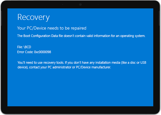 A blue screen with the title "Recovery" and a message that your device needs to be repaired.