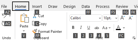 Key Tips shown on the ribbon for Visio on Windows.