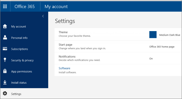 Office 365 Settings page