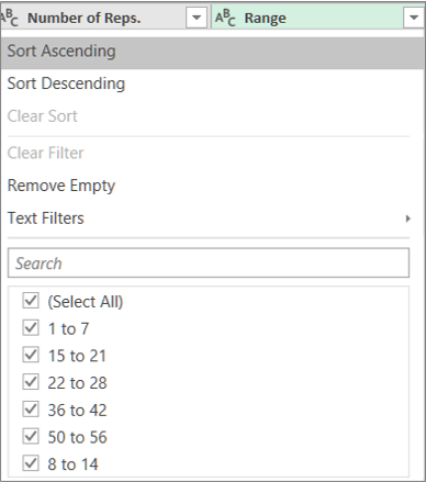 Using the AutoFilter to see the ranges created