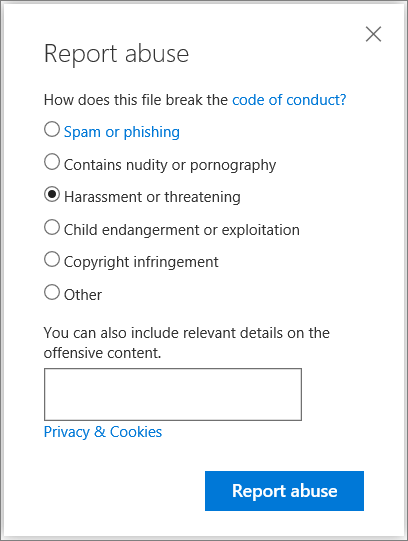 Screenshot of the Report abuse dialog box in OneDrive