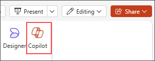Screenshot of the Copilot button in the PowerPoint ribbon menu