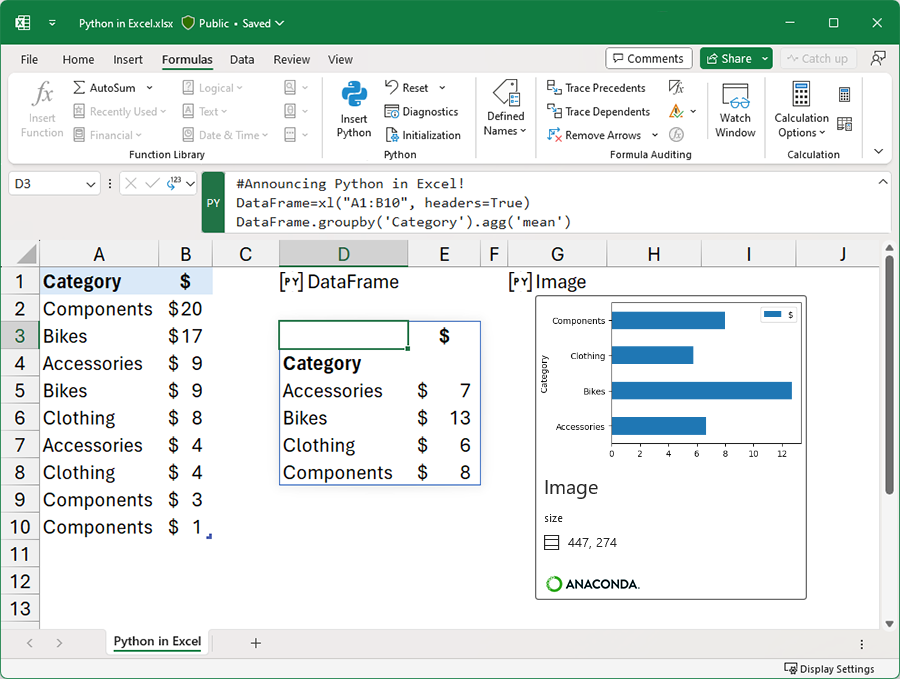 An Excel workbook using Python to analyze data.