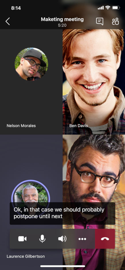 Live captions displayed in a meeting on the Teams mobile app