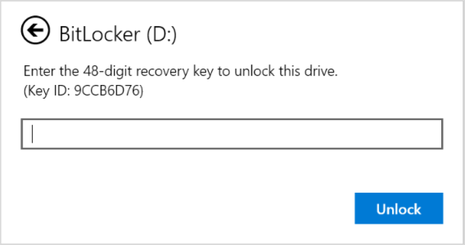 Screenshot of the dialog box to enter the BitLocker recovery for a data drive.