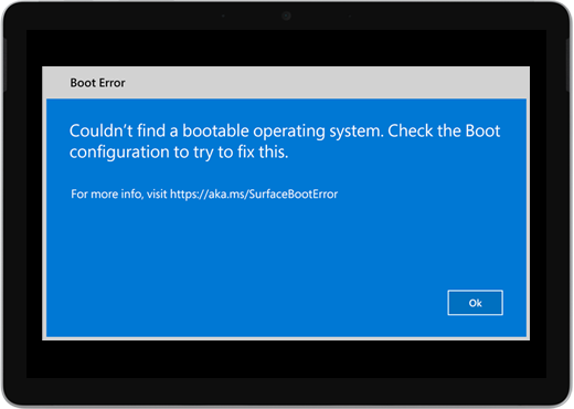 A blue screen with the title "Boot error" and a message saying to check the boot configuration.