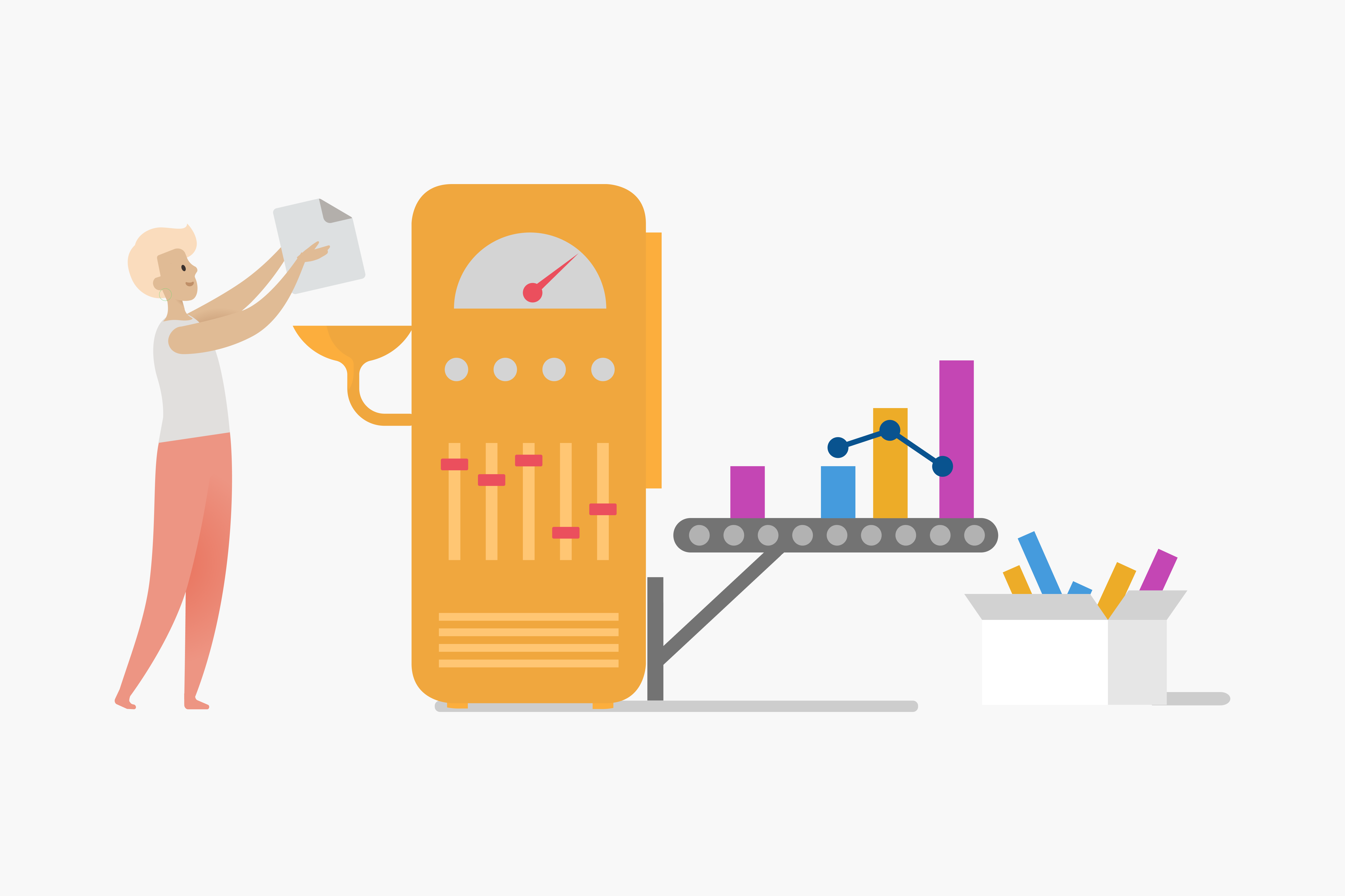 Illustration of a person putting a piece of paper into a machine that is churning out bar graphs and trendlines.