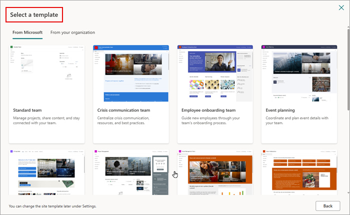 Screenshot showing the templates you can use with your new SharePoint online site.