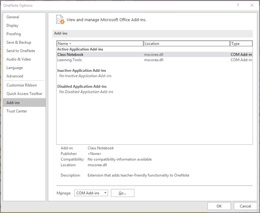 Manage Office Add-ins pane with Class Notebook selected. Section to manage COM Add-ins with Go button.