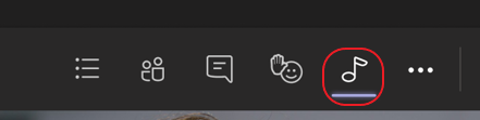 A screenshot of the meeting controls at the top of a Microsoft Teams meeting. The music note icon is circled in red to highlight the button that turns on high fidelity music mode