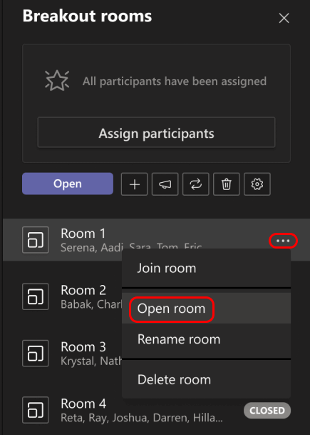 Image shows how to open a single breakout room.