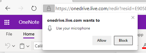 Screenshot of OneNote Dictation permissions.