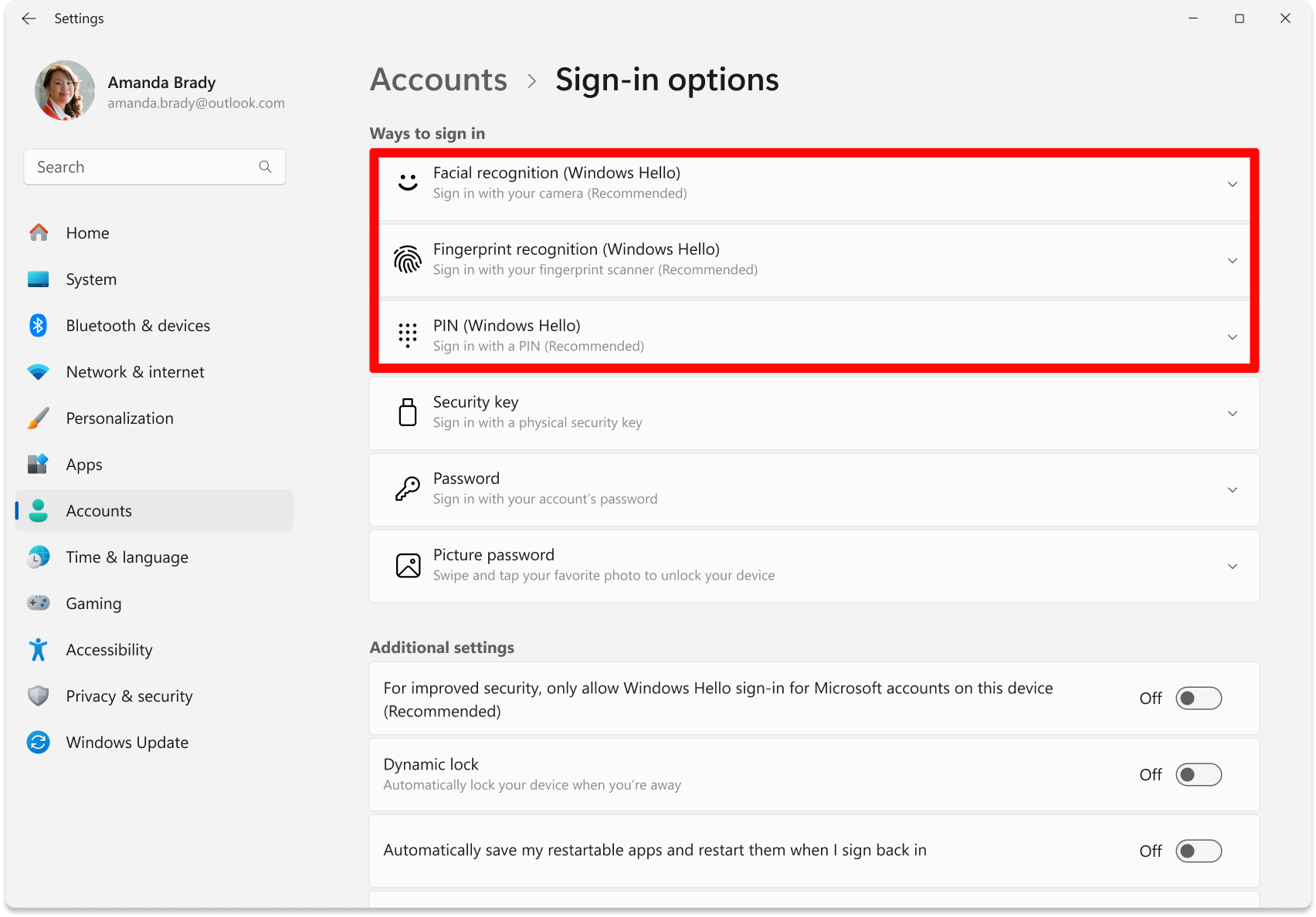 Screenshot of Settings - Options to configure Windows Hello.