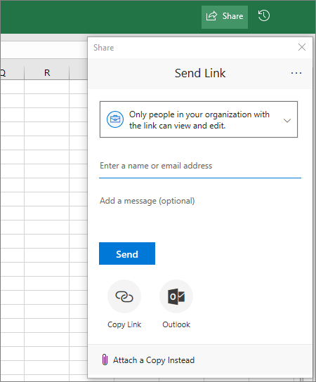 Share icon and dialog box in Excel