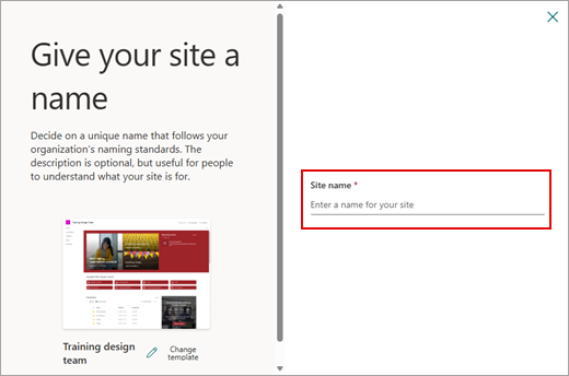 Screenshot showing how to give a name to a new SharePoint online site.