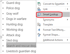 Select a term, right-click it, and then select Smart Lookup