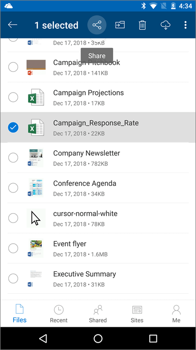 Screenshot of OneDrive mobile app with a file selected and upload icon highlighted