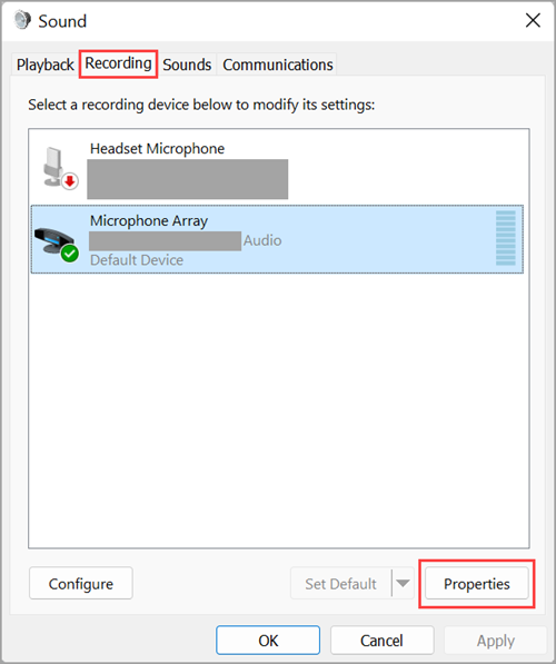 Access audio input device properties in Windows 11 Sound Settings.