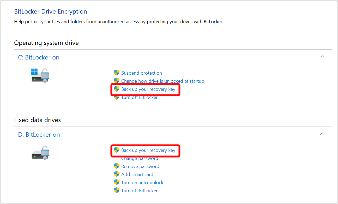 Screenshot of the Control Panel showing the option to back up the BitLocker recovery key for both the OS drive and a data drive.