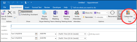 You can apply a color category to an open appointment, meeting, or event.