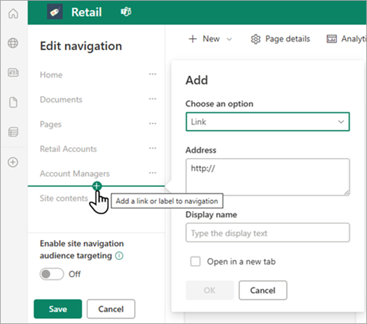 Screenshot showing some of the custom navigation options for a SharePoint page.