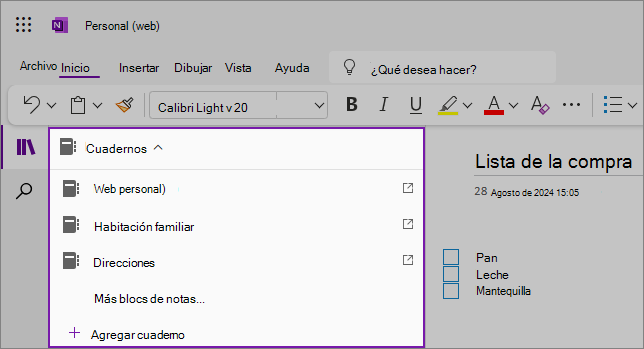 Recorte de pantalla de la lista desplegable de ejemplos de cuadernos de OneNote