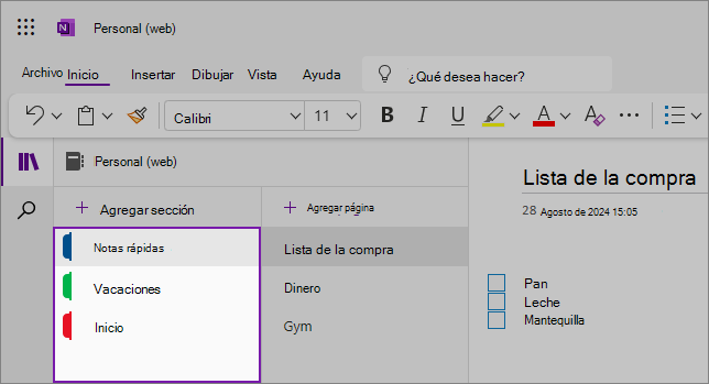 Vista de la interfaz de usuario web de OneNote que muestra el área de contenido