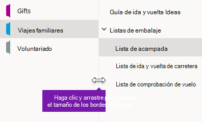 Cambiar el tamaño de los paneles de navegación en OneNote para Windows 10