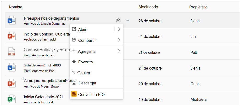 Opciones de acción al hacer clic con el botón derecho en un archivo