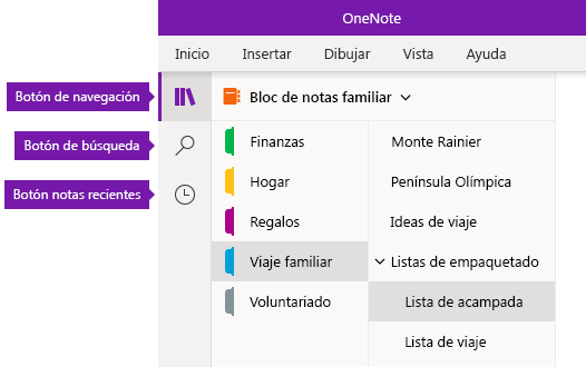 La barra de navegación en OneNote para Windows 10