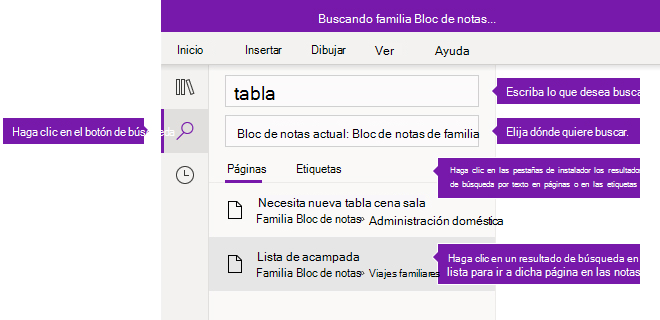 Opciones del panel de búsqueda en OneNote para Windows 10