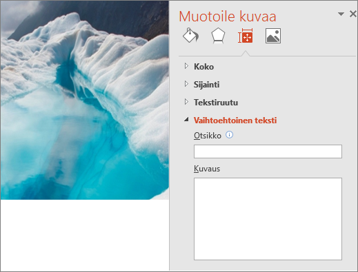 Vanha jääjärvikuva, jonka Muotoile kuvaa -valintaikkuna ei näytä vaihtoehtoista tekstiä kuvausruudussa.