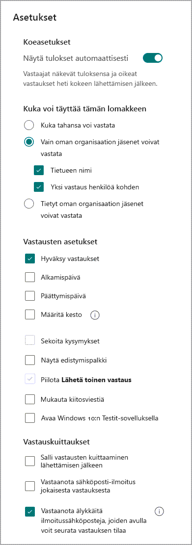 asetusnäyttö lomakeilmoitusten ottaminen käyttöön ja poistaminen käytöstä