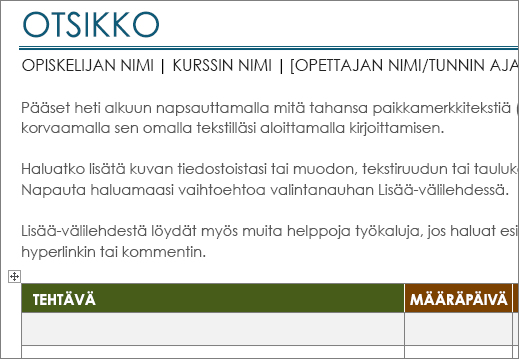 Uusi projektitehtäväluettelomalli, jossa käytetään 11 pisteen minimifonttia.