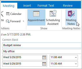 Näyttökuva OneNote-kokousmuistiinpanot -painikkeesta Outlookissa.