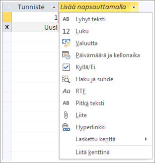 Näyttökuva tietotyypin avattavasta Lisää napsauttamalla - luetteloruudusta