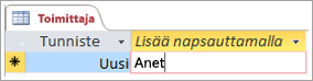 Näyttökuva Toimittaja-taulukon tunnuksesta