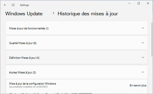 Affiche la page Historique des mises à jour, avec la section Autres Mises à jour développée.