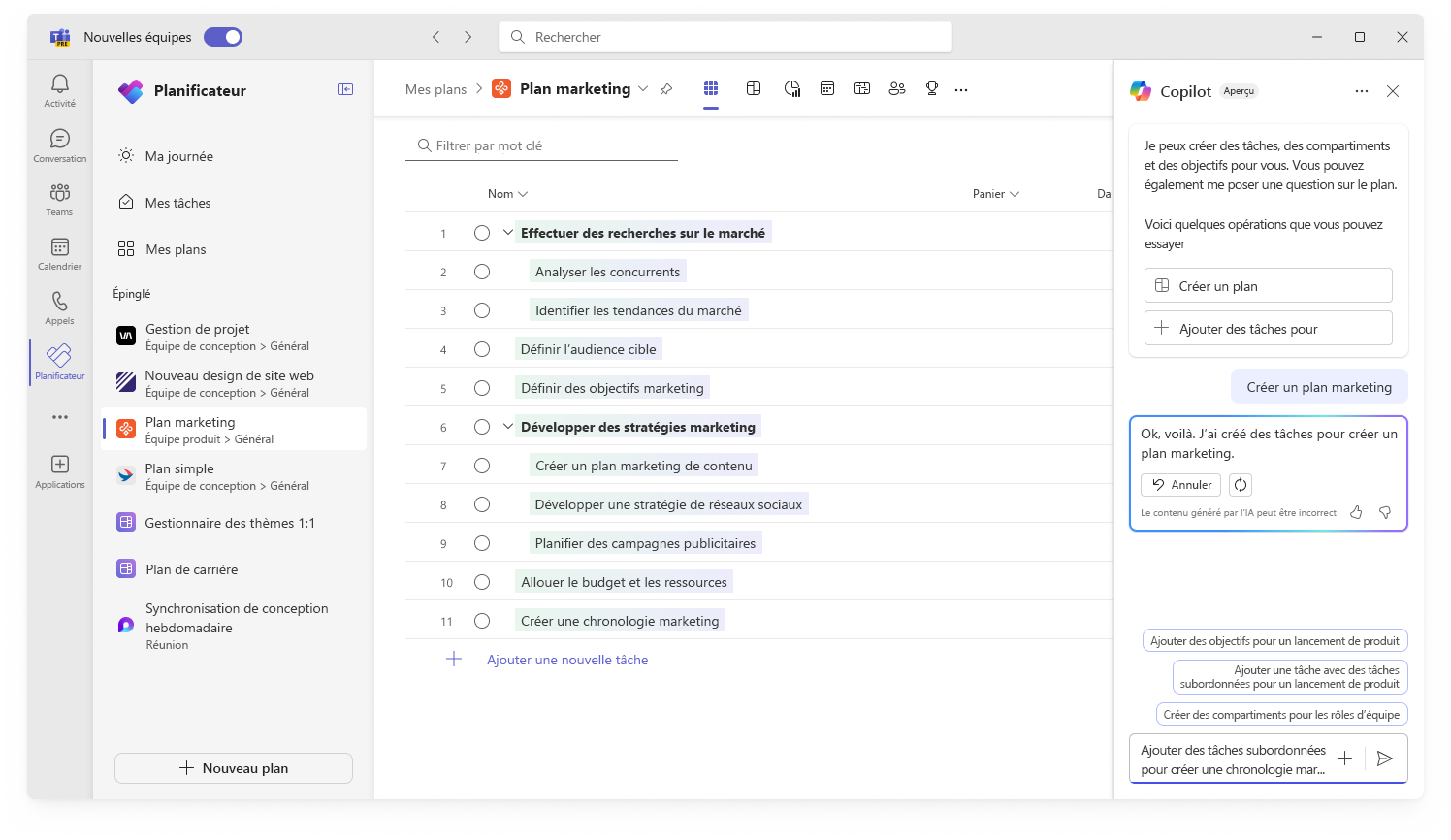 Capture d’écran montrant l’interface utilisateur de Copilot dans Planificateur la création d’un plan.