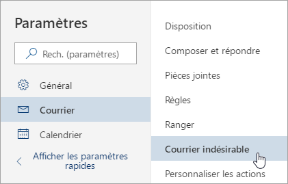 Capture d’écran du menu Paramètres avec courrier indésirable sélectionné