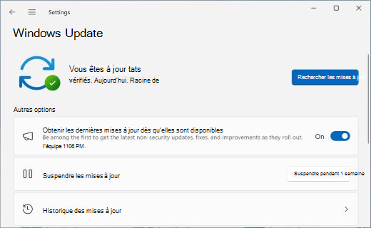 Affiche l’écran Windows Update, avec le bouton bascule qui vous permet de choisir d’obtenir les dernières mises à jour dès qu’elles sont disponibles.