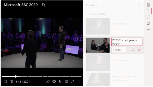Le volet chapitre d’une vidéo est ouvert et un chapitre et ses champs sont mis en surbrillance. Cela indique où un utilisateur peut apporter des modifications aux champs d’un chapitre.