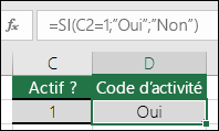 La cellule D2 contient la formule =SI(C2=1;"OUI";"NON")