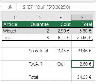 La formule dans la cellule F7 est SI(E7=”Oui”;F5*0,0825;0)