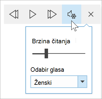 snimka zaslona alatne trake mogućnosti glasa stopljenog čitača. Pokazivač miša iznad postavki koje otkrivaju preklopni gumb za brzinu čitanja i padajući izbornik za odabir glasa