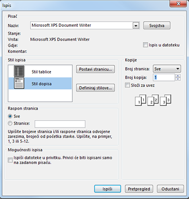 Mogućnosti pisača u dijaloškom okviru Ispis programa Outlook