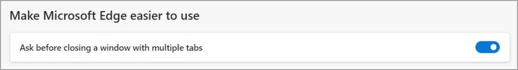 Microsoft Edge menübeállítás a többlapos ablak bezárásának megakadályozására.