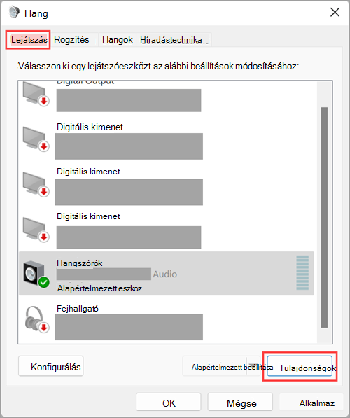 Hozzáférhet a hangkimeneti eszköz tulajdonságaihoz a Windows 11 Hangbeállításokban.