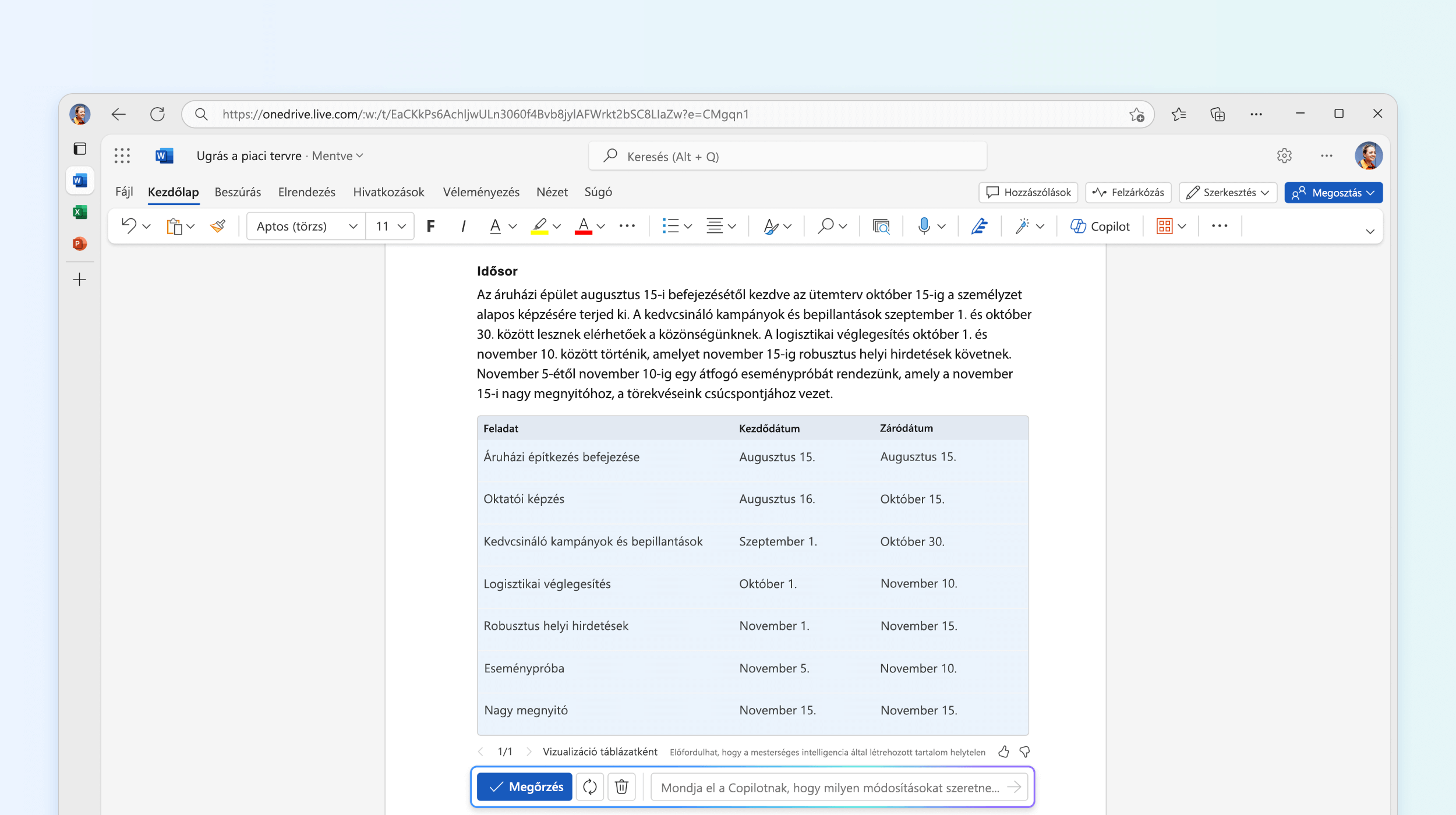 Szöveg táblázatba képernyőképe a Wordben elérhető Copilotban